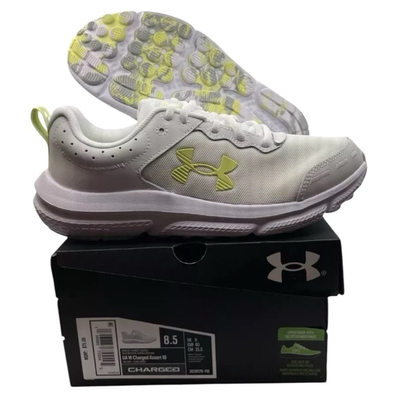 New Under‎ Armour Charged Assert 10 White Sonic Yellow Women’s 8.5 - Picture 1 of 10